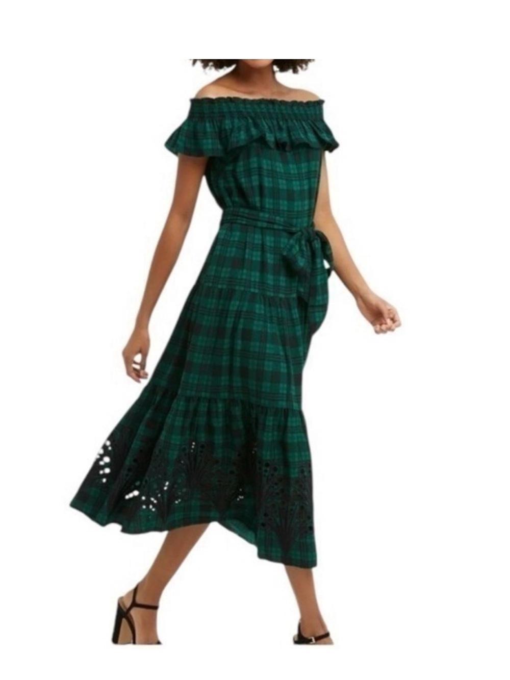 Draper James green and Black Plaid Ruffle Maxi Dress Eyelet Hem, off shoulder
